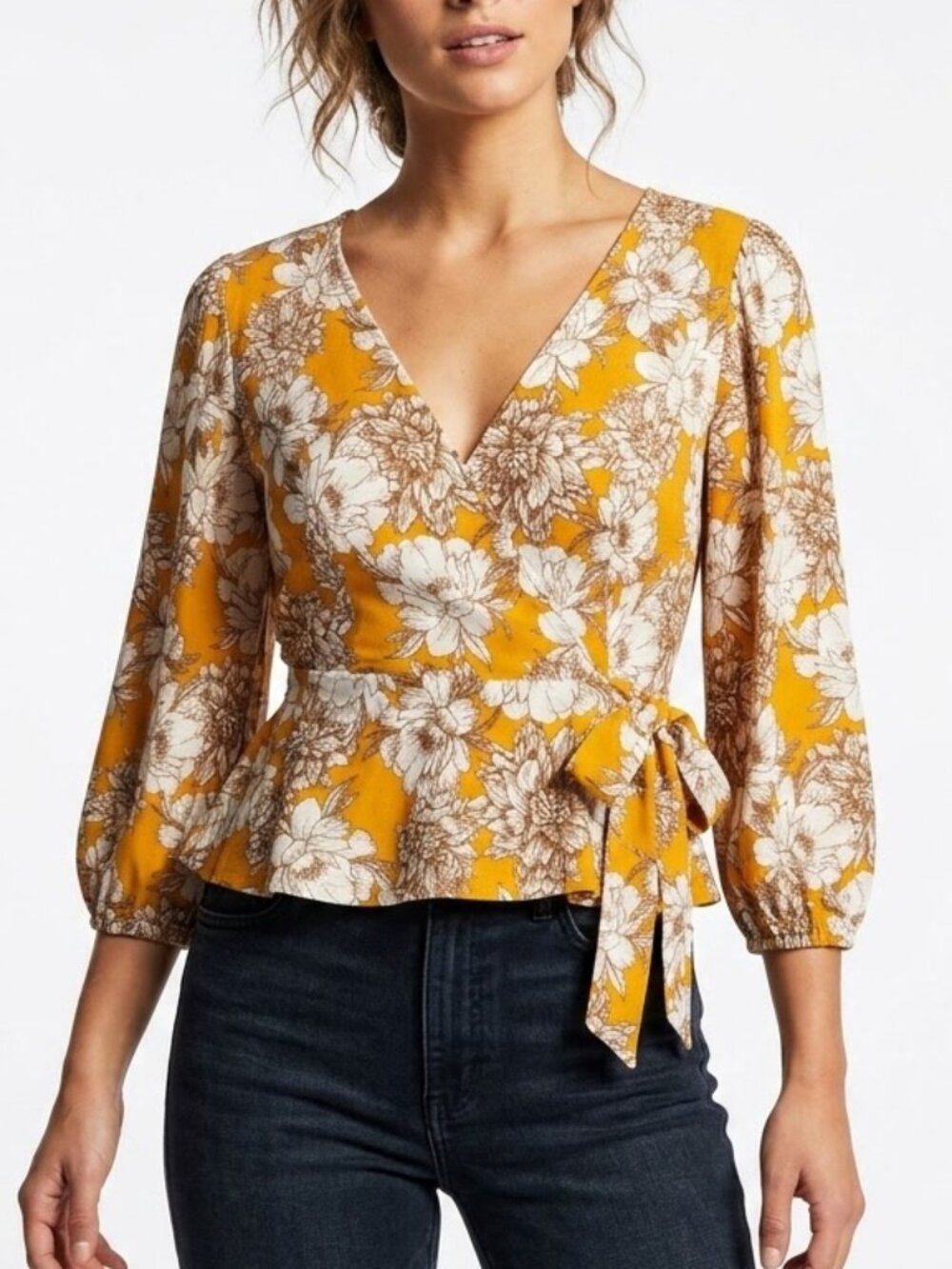 Meraki Boho Mustard Yellow Floral Wrap Top XS Long Sleeve Peplum Blouse